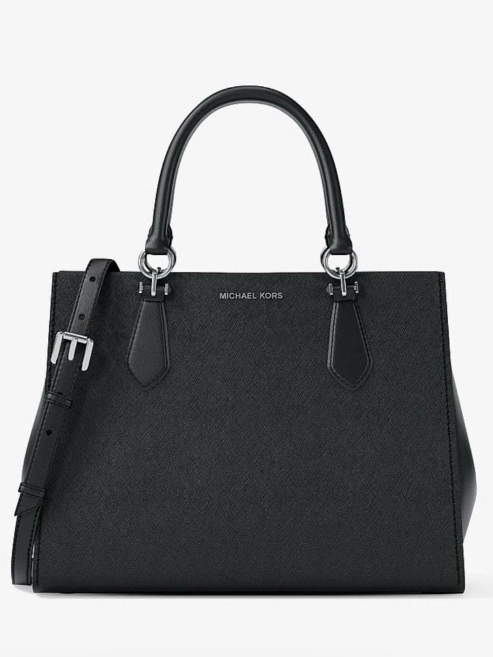 Michael Kors Marilyn Medium Saffiano Leather Black Satchel Silver Hardware NEW